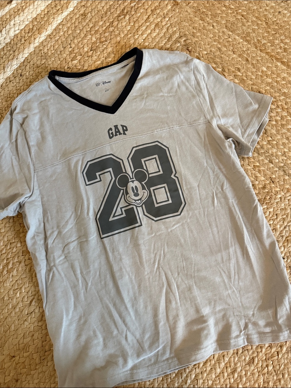 GAP Light Gray V-Neck Tee with Black Trim and Mickey '28' Graphic